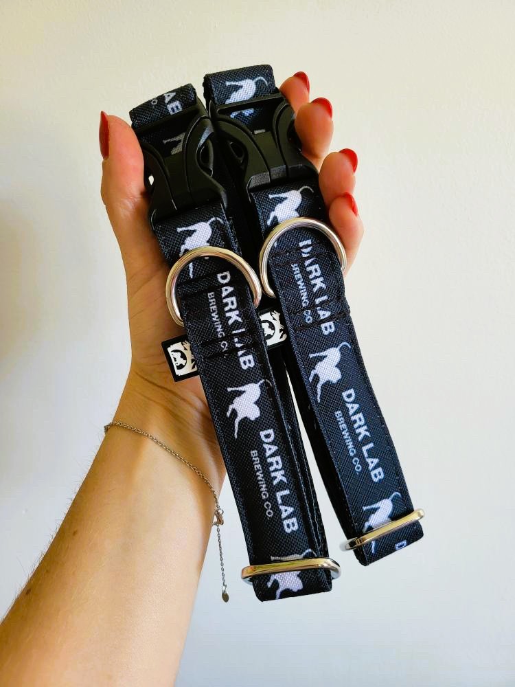 une main qui tient 2 colliers noirs avec l'inscription dark lab