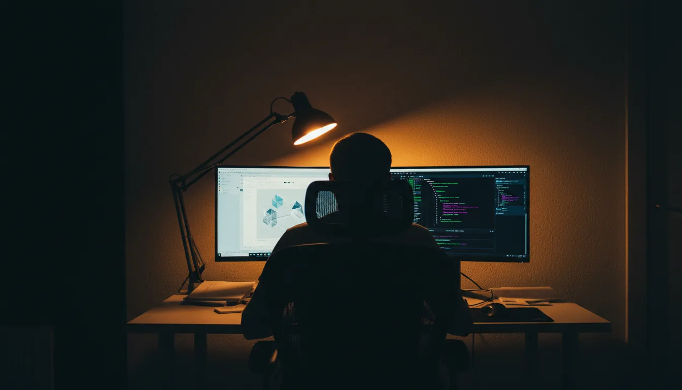 DSLR photograph from behind a person, silhouetted against a dual-monitor computer setup in a dark room. Cinematic contrast with warm, low-key lighting from a single articulated desk lamp creating a strong backlight and casting a golden glow on the wall. The bright computer screens display abstract software user interface elements, one in light mode and one in dark mode. The atmosphere is moody and focused, with deep shadows and a subtle film grain texture.