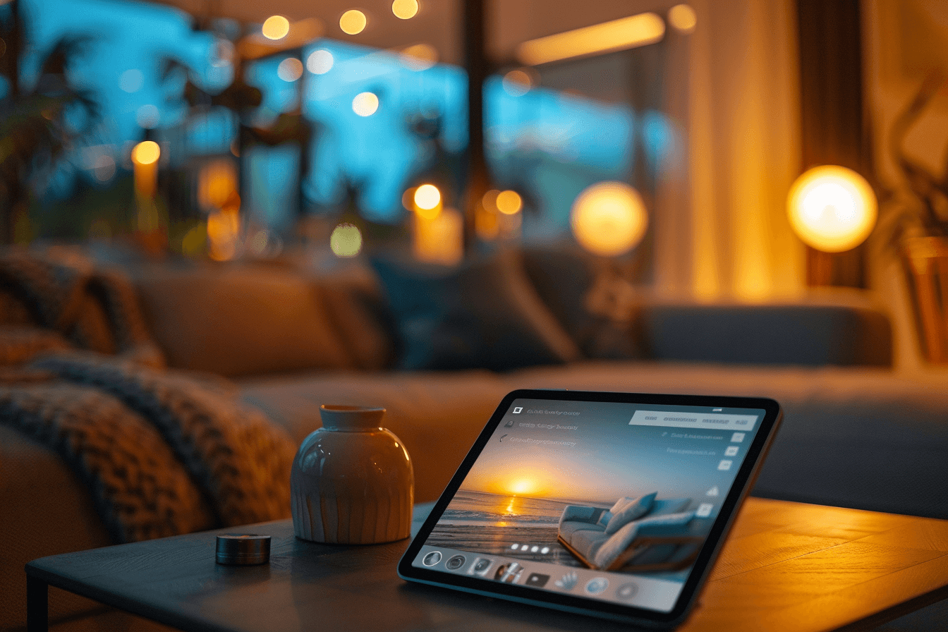 Close up of a tablet showing property details with ratings icons and verified badges