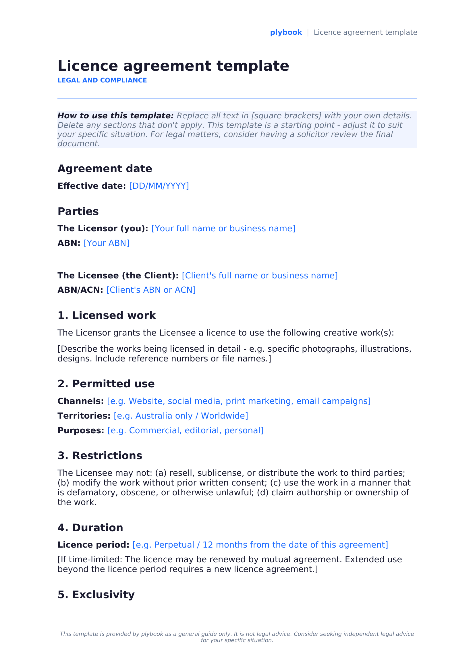 Licence agreement template
