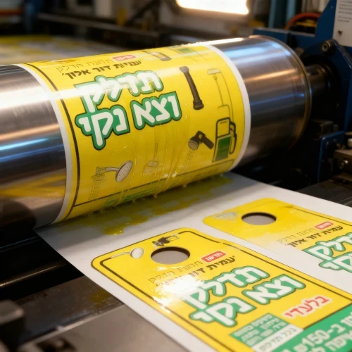 תהליך הדפסה מקצועי של תלי דלת (Door Hangers) במכונת דפוס של חברת עלונים, המציג הדפסת חומרי פרסום שיווקיים בפריסה ארצית.