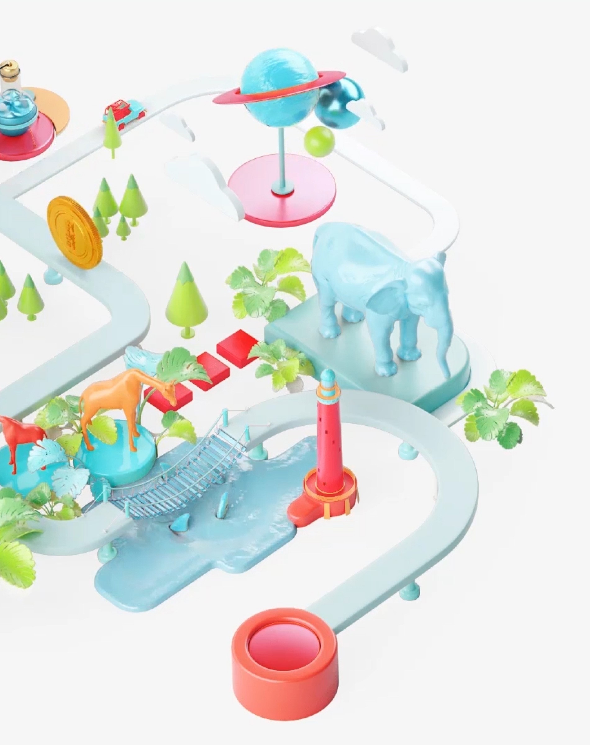 Turk Telekom – 5TL Journey documentary world scene with pastel 3D elephant, giraffe, tropical plants, lighthouse, and Saturn-like planet; designed by Burak Canpolat.