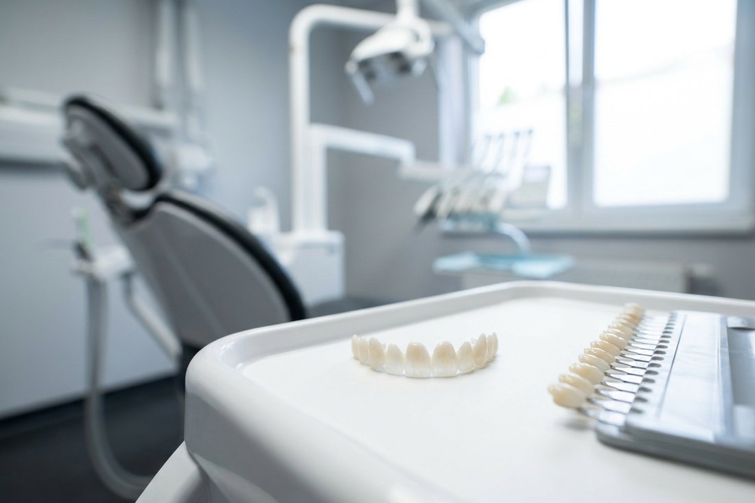 Thin porcelain veneer shells on a dental tray next to a tooth shade guide