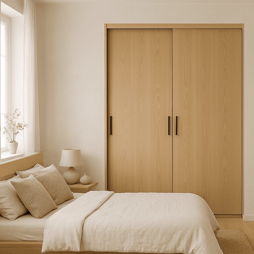 A bright, airy bedroom featuring a light, solid oak sliding wardrobe with simple, minimalist black handles. The room has neutral tones and natural light, embodying the Japandi aesthetic