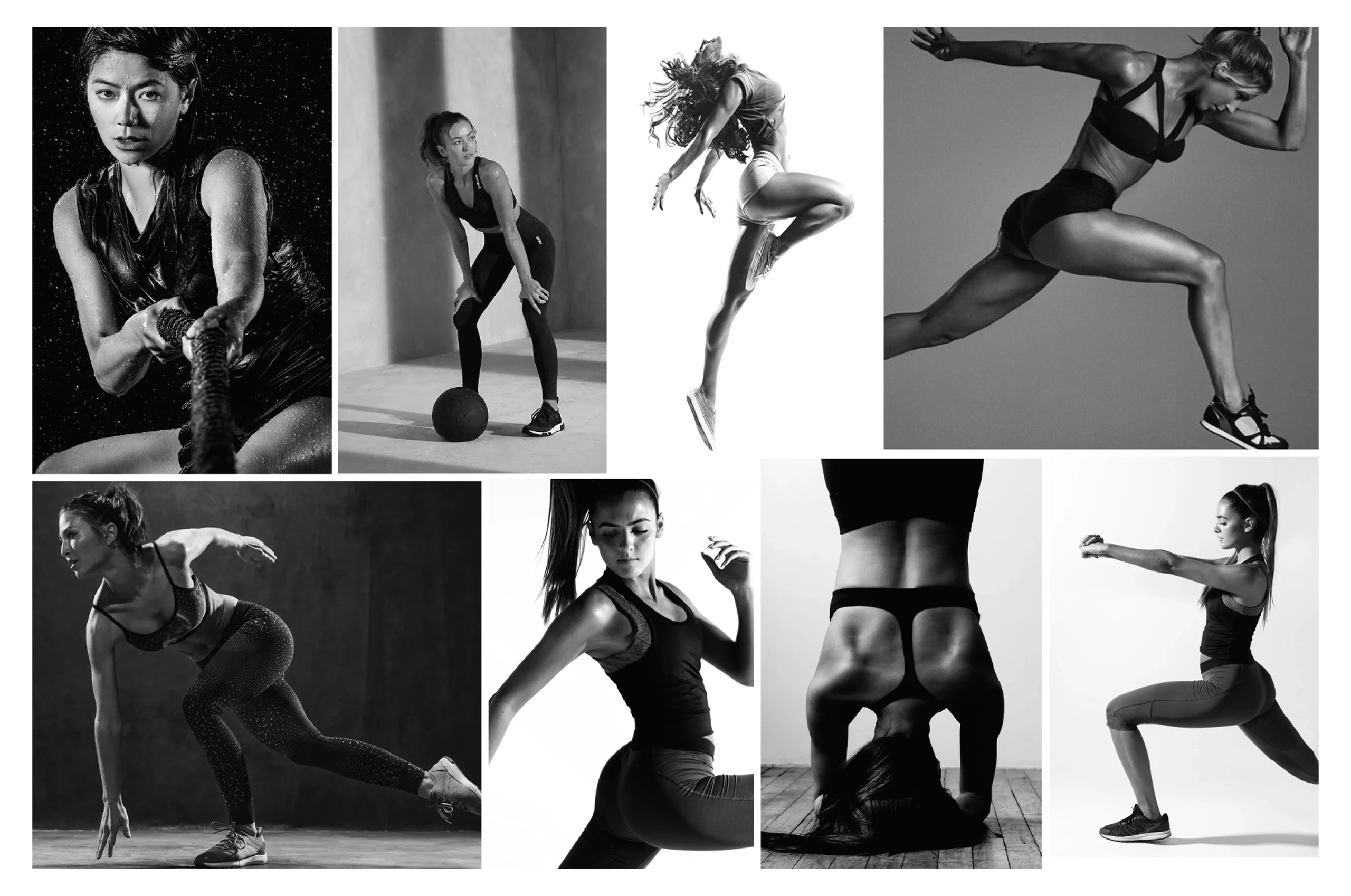 Black and white fitness photography showing strength, movement, and balance