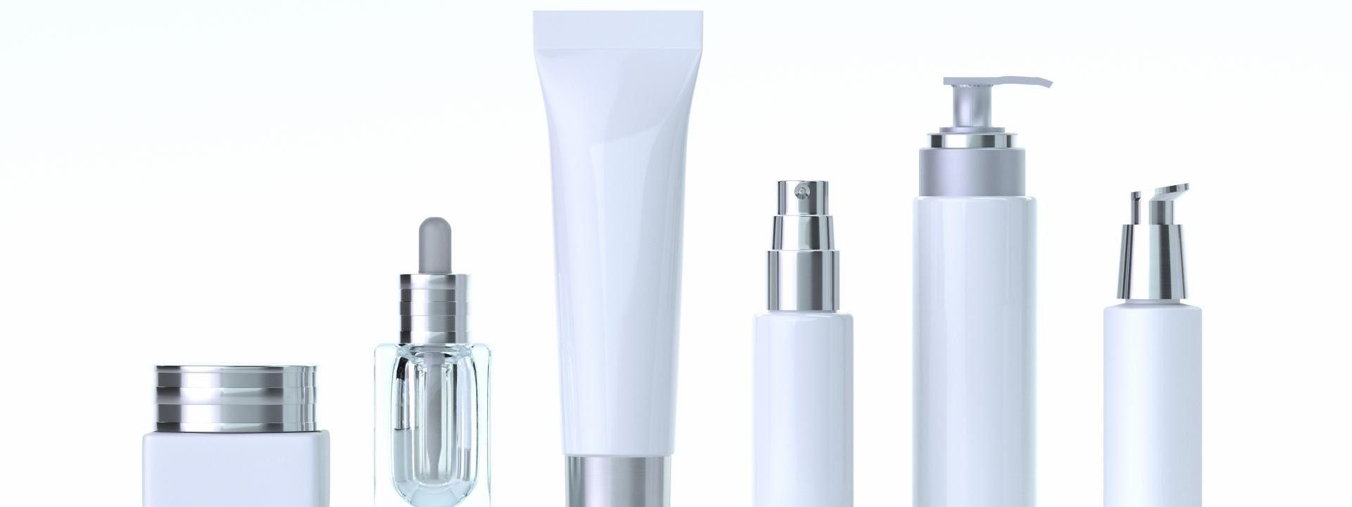スキンケア容器が横一列に並んでいる画像