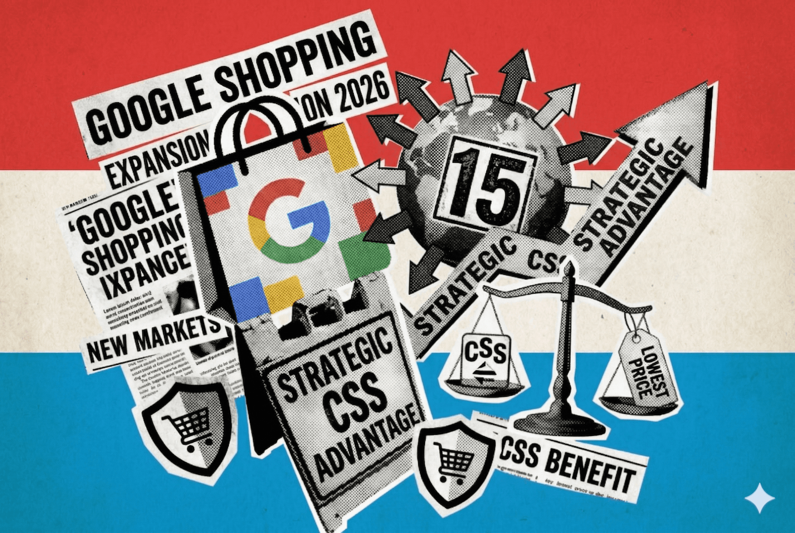 Google Shopping will be launched in Luxembourg in 2026. The picture shows the country's flag and the advantages of Google CSS.