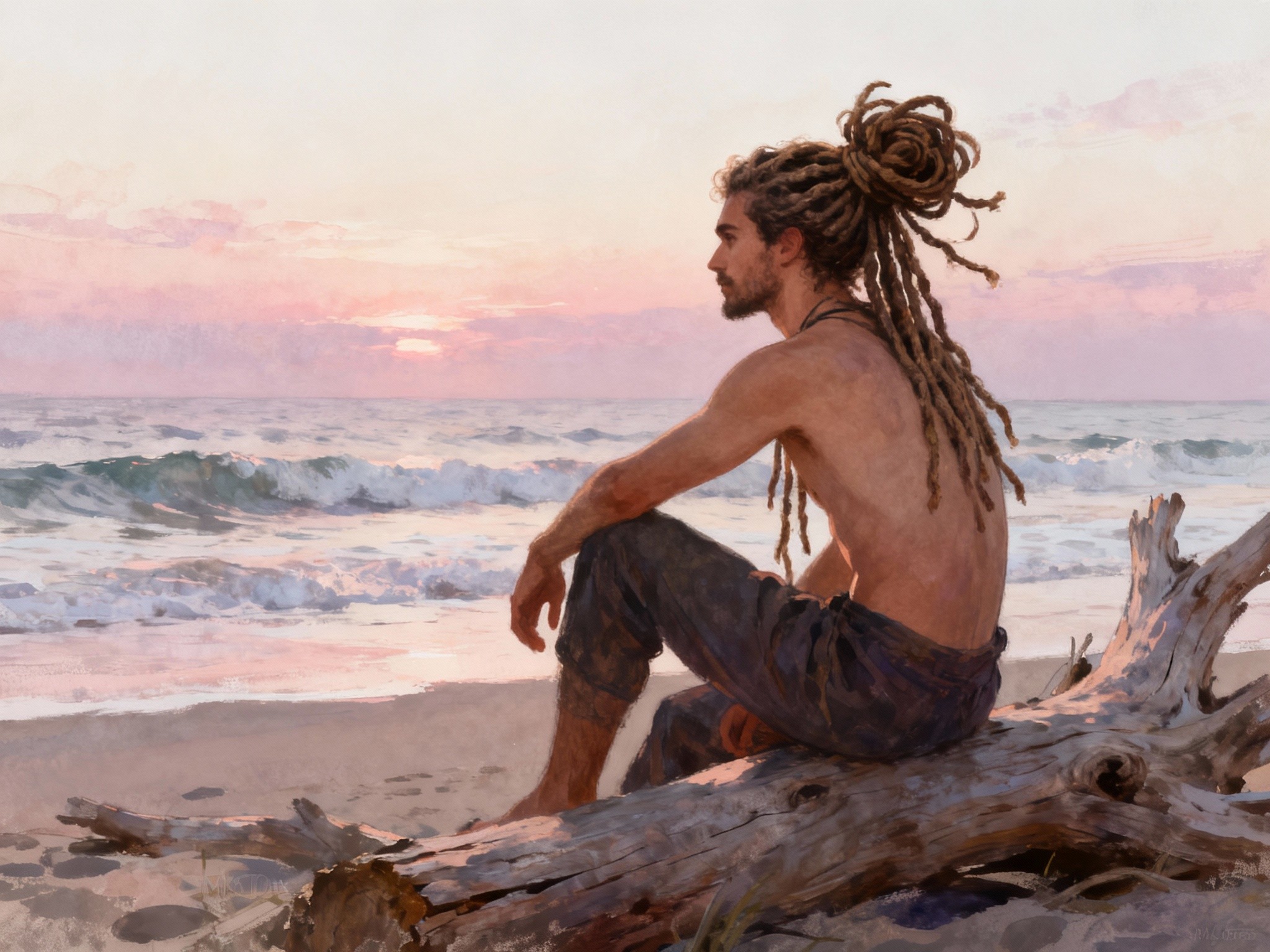 An expansive composition portraying a serene beach scene at dawn, featuring a male model with long