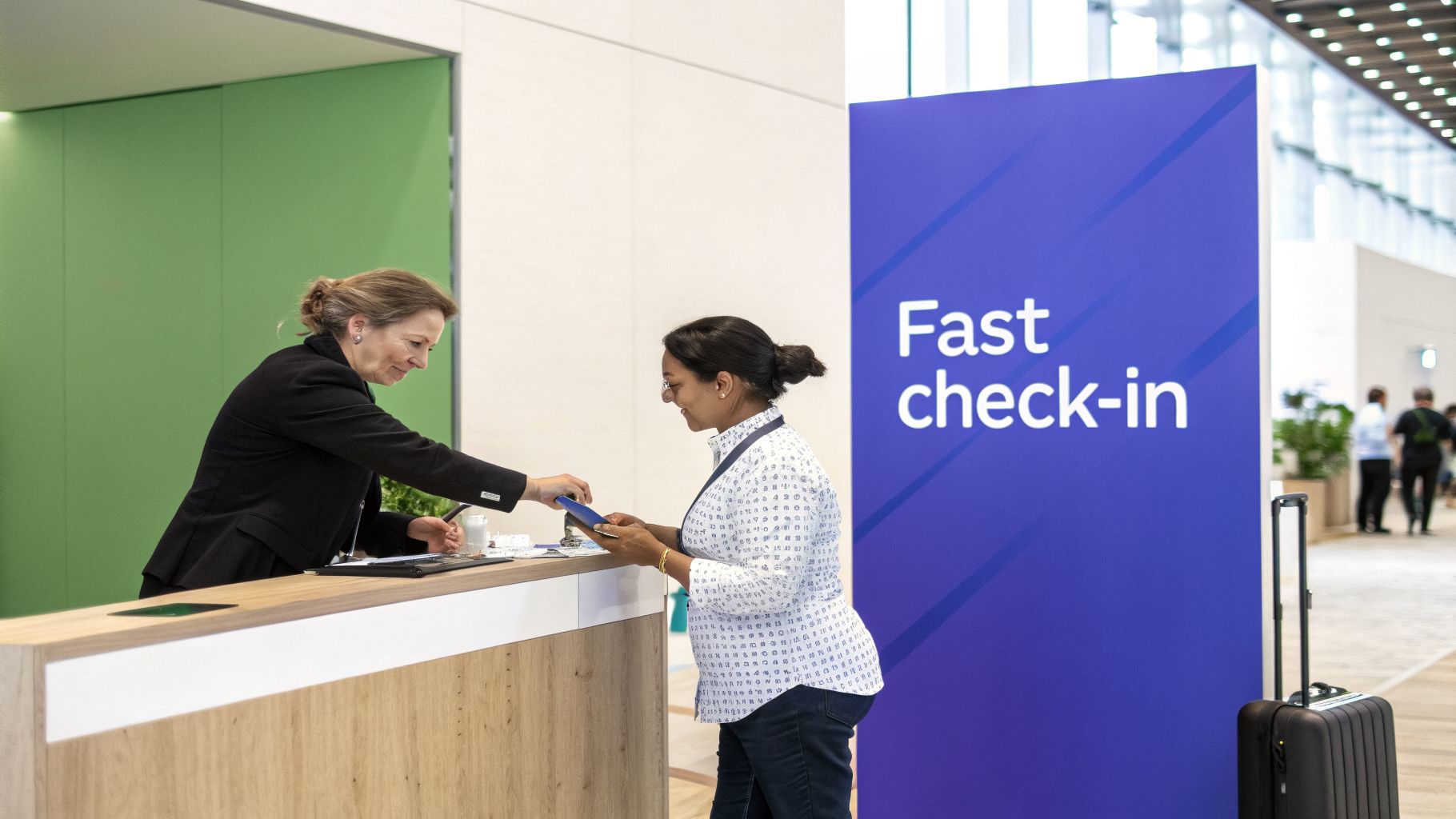 A woman checks in at a reception desk, interacting with a staff member next to a 'Fast check-in' sign and luggage.