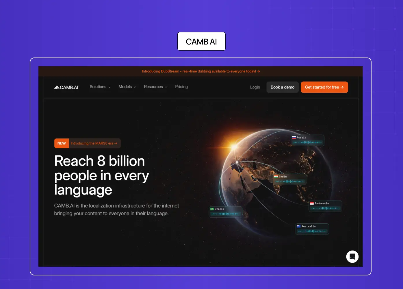 Screenshot of Camb AI’s homepage showcasing AI-powered localization technology designed to help content reach global audiences in multiple languages.