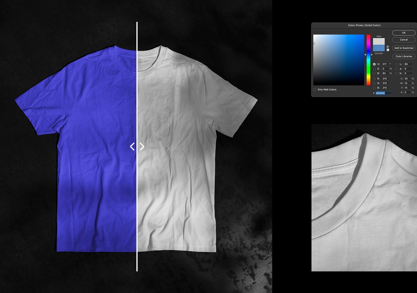 Photoshop workspace view demonstrating easy color changes for the wrinkled t-shirt mockup using a color picker
