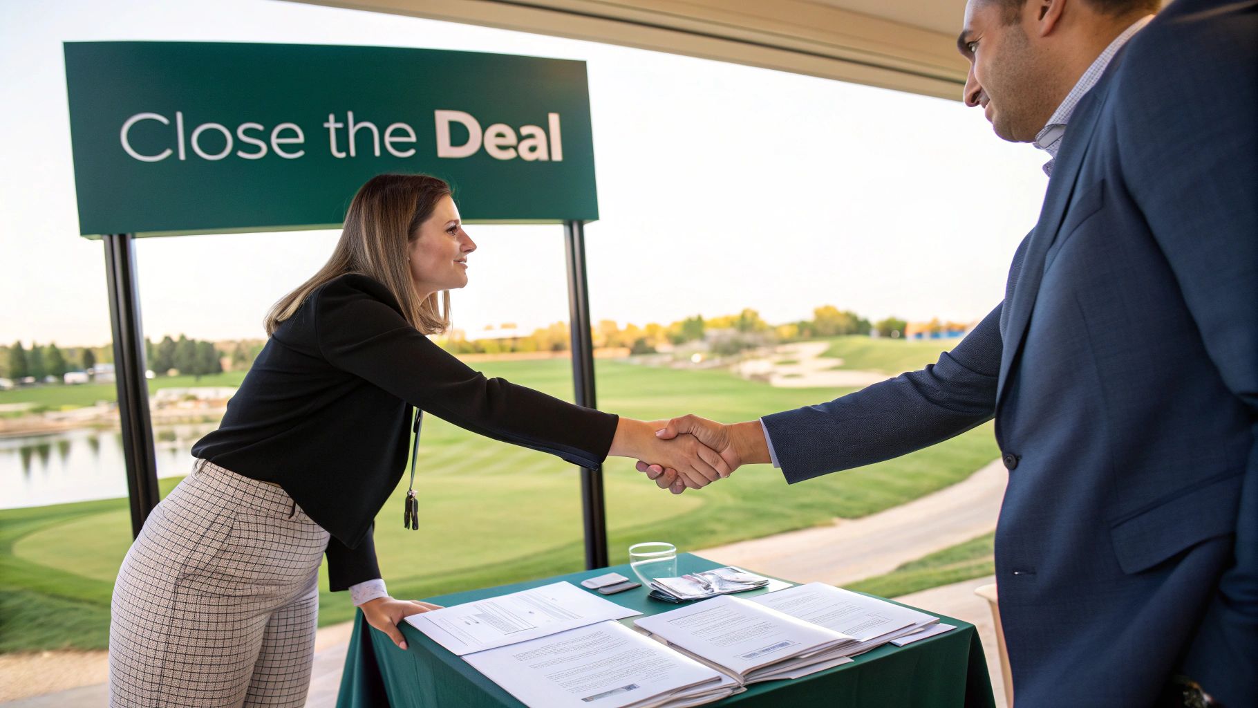 Two business professionals shake hands at a table with documents, closing a deal at a golf course event.