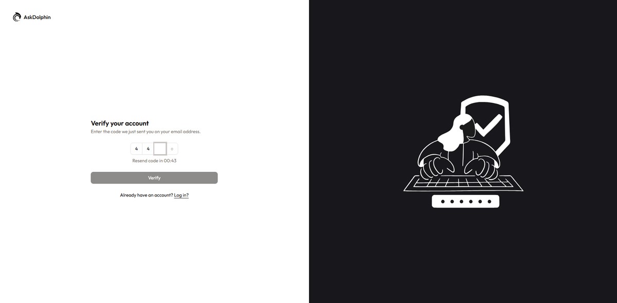 AskDolphin email verification page showing code input boxes to confirm a new account.