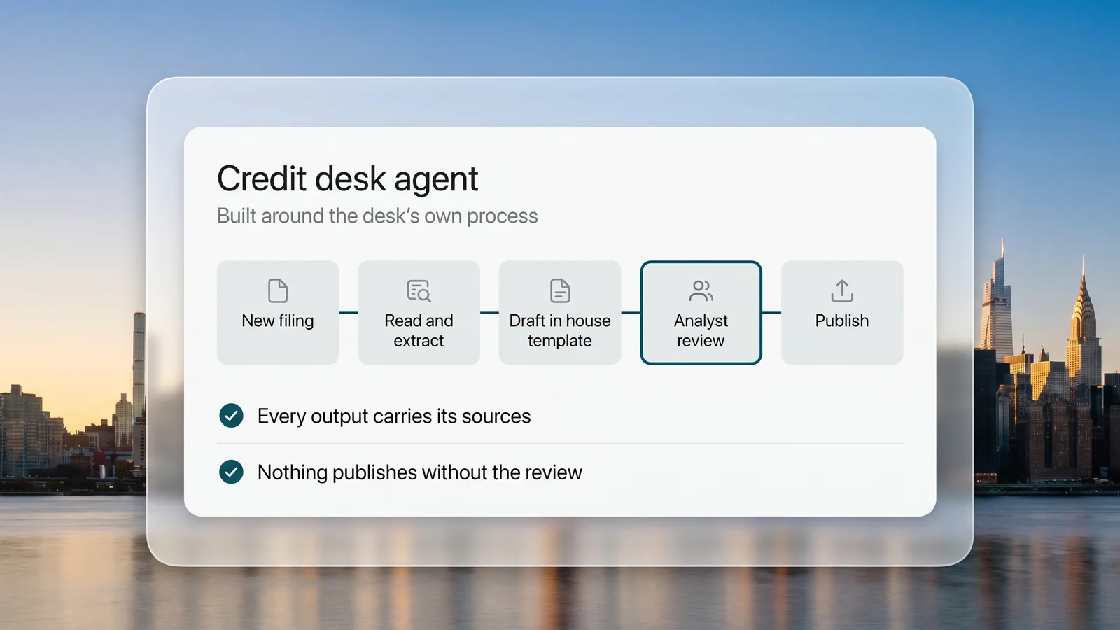 An agent built around a credit desk's process, from a new filing to a draft in the house template, an analyst review and publishing