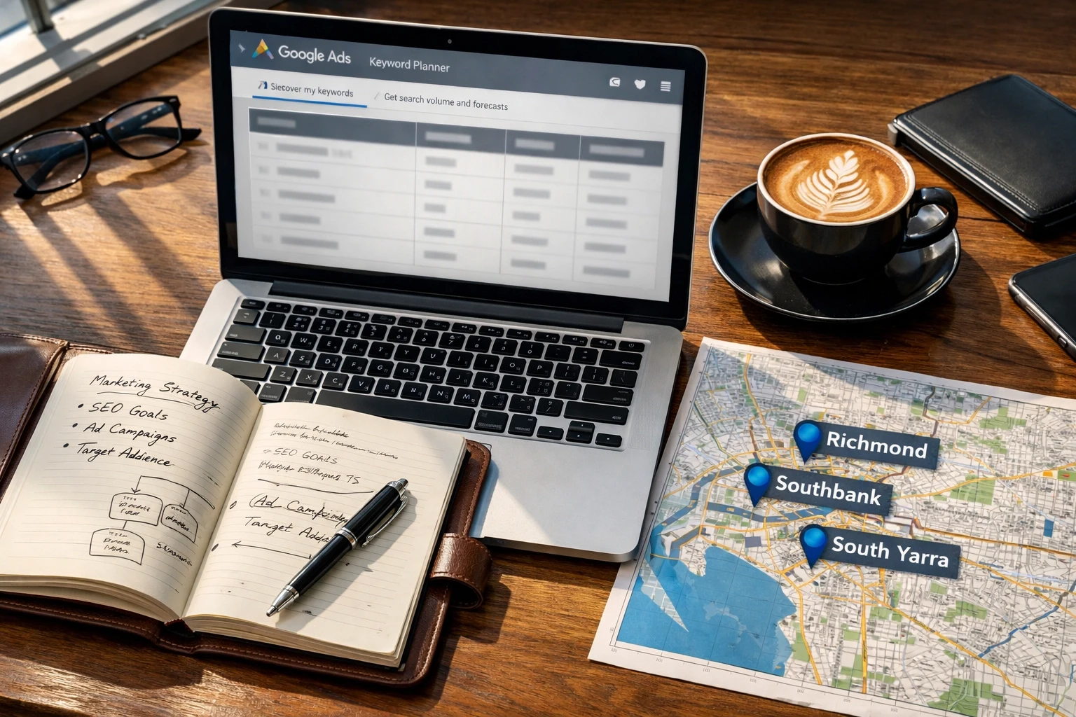 Google Ads keyword strategy workspace with Melbourne suburb map and consultant planning notes