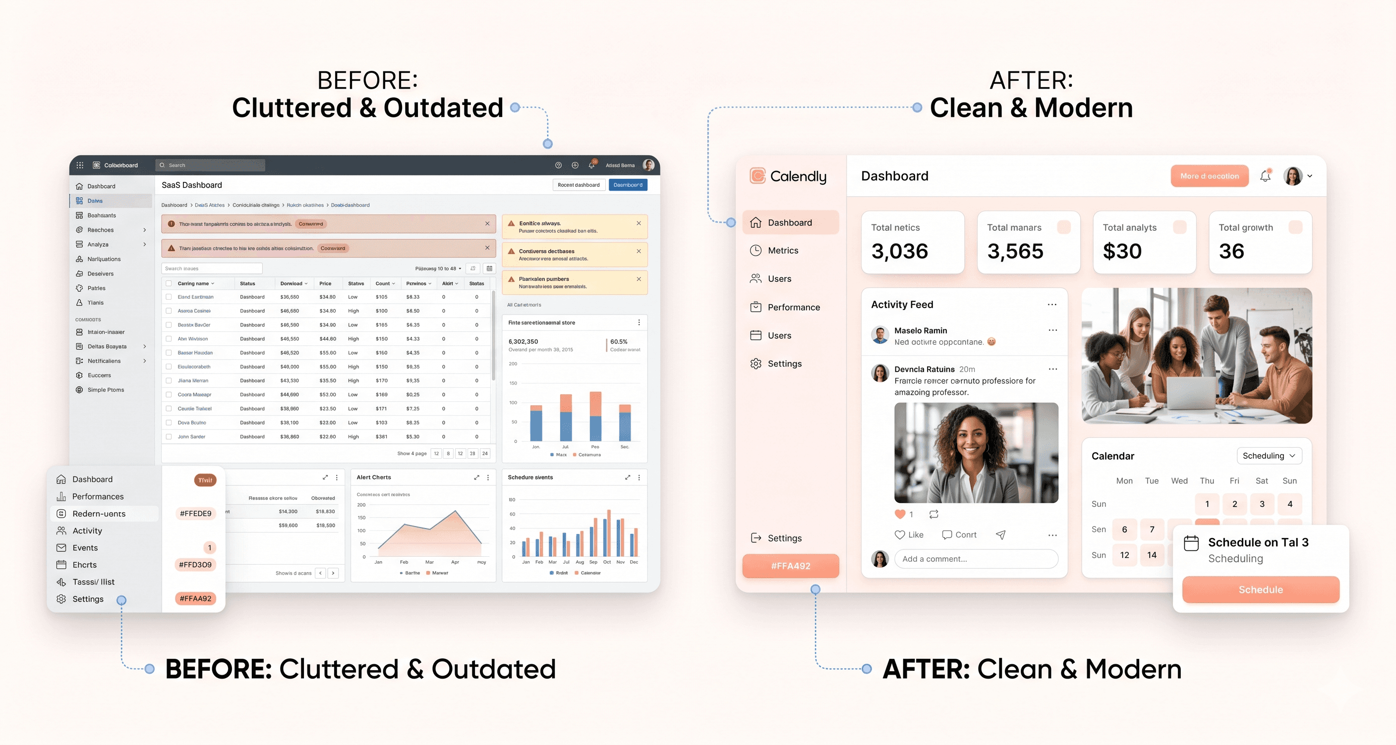 Comparison of outdated cluttered SaaS dashboard versus clean modern interface affecting user perception