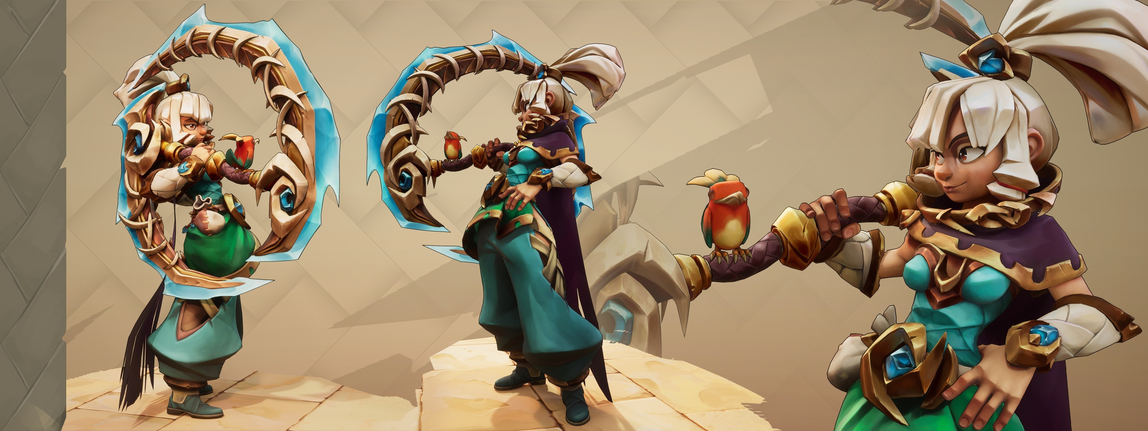 A fantasy character stands confidently with a large, ornate staff featuring a glowing blue crystal and perched bird, wearing elaborate armor with intricate details and bright teal and gold accents, set against a polygonal architectural backdrop.