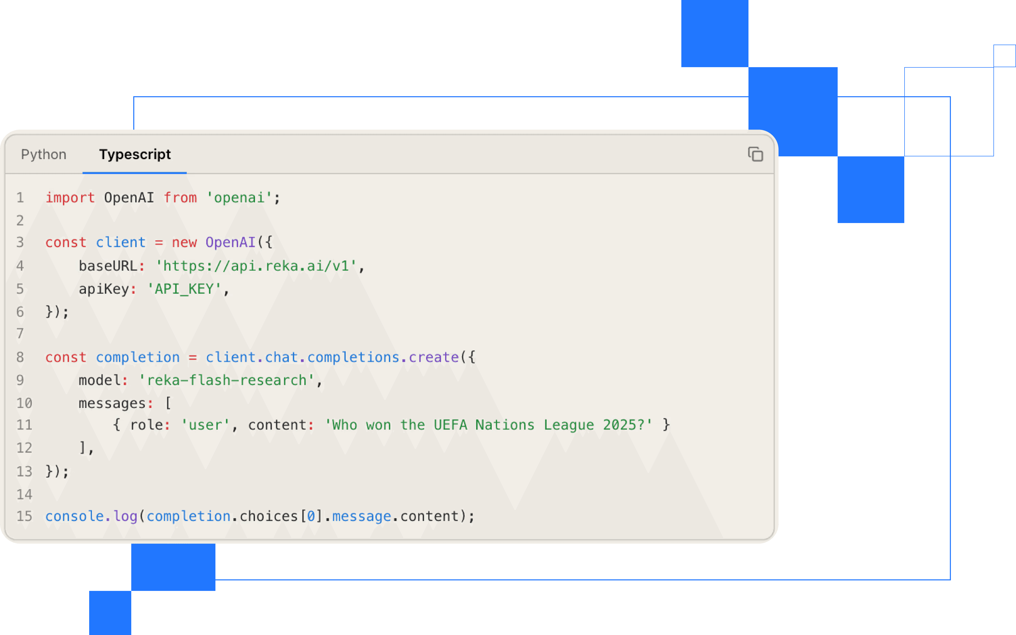 TypeScript code snippet showing how to integrate the Reka API using the reka-flash-research model for chat completions.