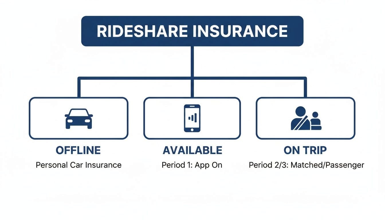 Diagram illustrating rideshare insurance coverage for drivers in offline, available (app on), and on-trip phases.