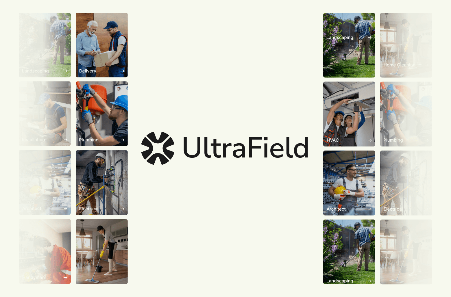 Service category grid showing landscaping, HVAC, plumbing, and cleaning