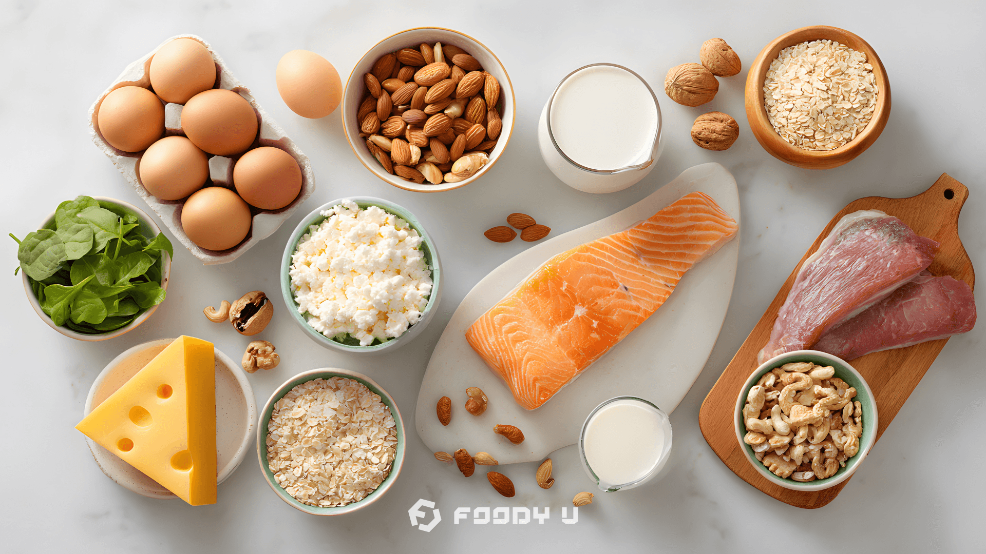 Protein-rich foods including salmon, eggs, nuts, cheese, and milk with Foody U logo — article about nutrition and balanced diet