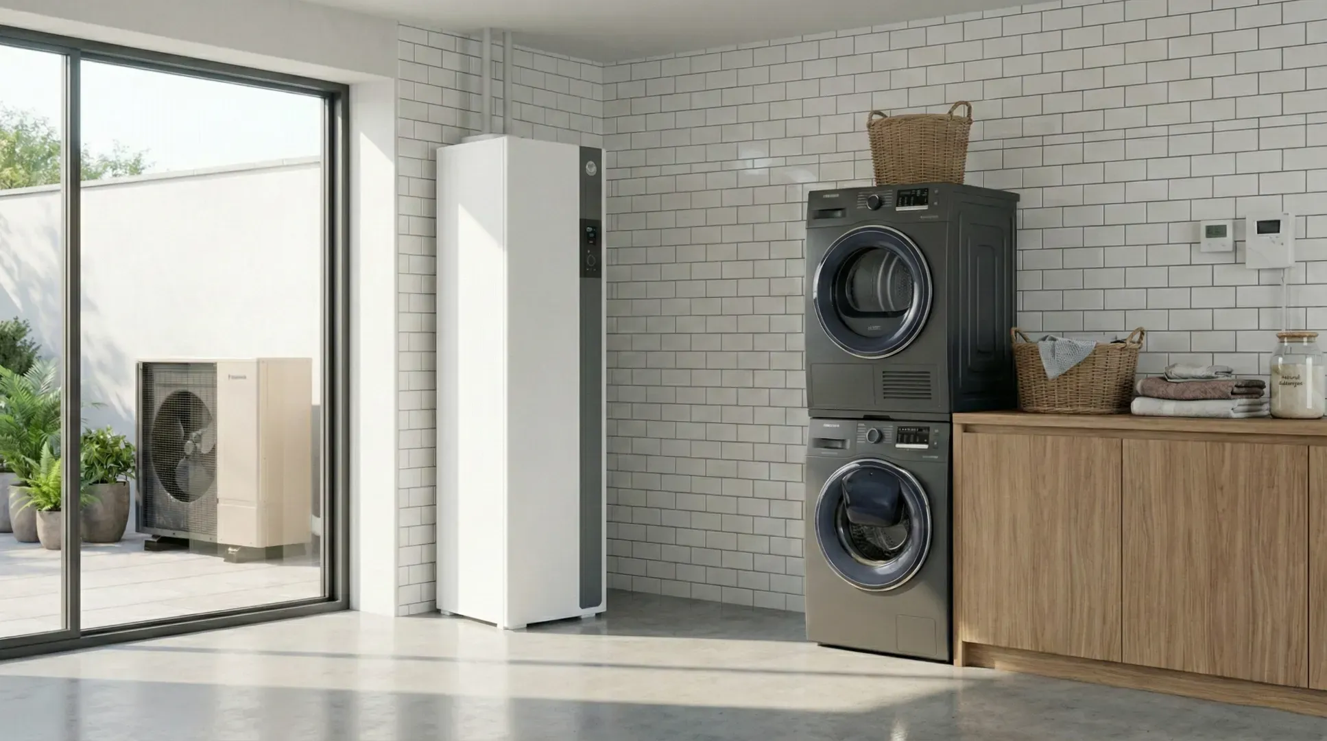 Buanderie moderne avec pompe à chaleur intérieure et extérieure, lave-linge et sèche-linge superposés.