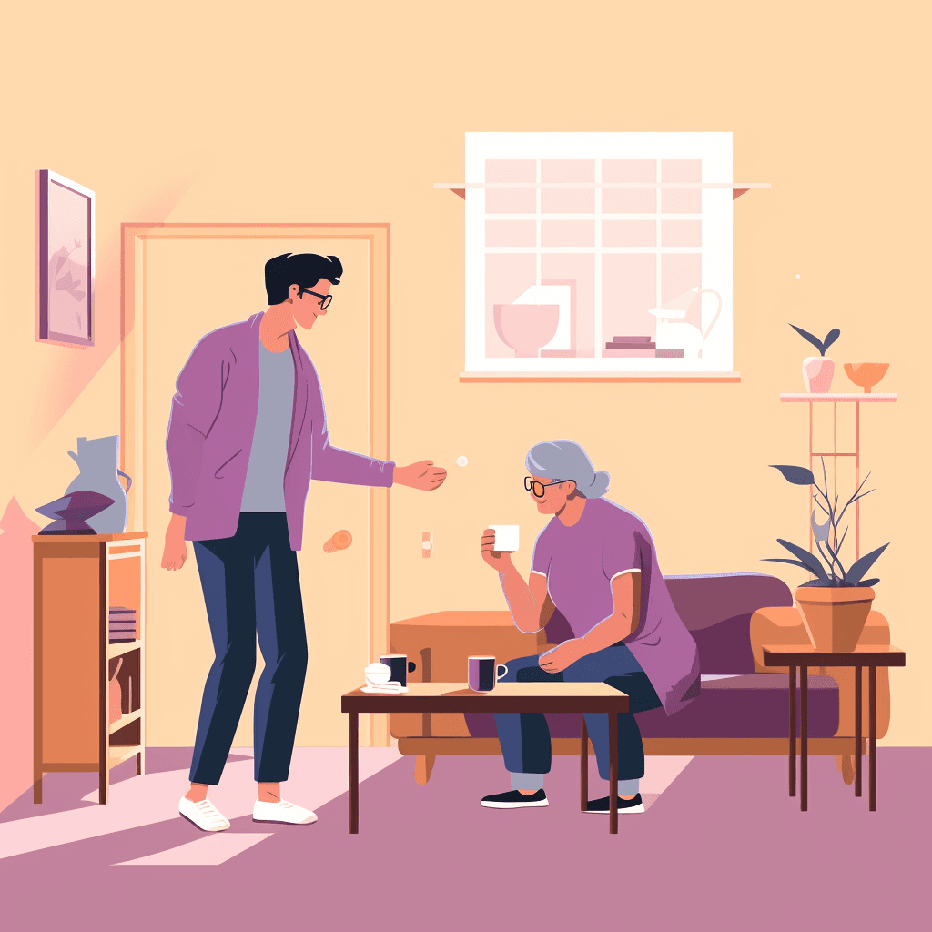 A young man and an elderly woman having a conversation over coffee in a cozy living room.