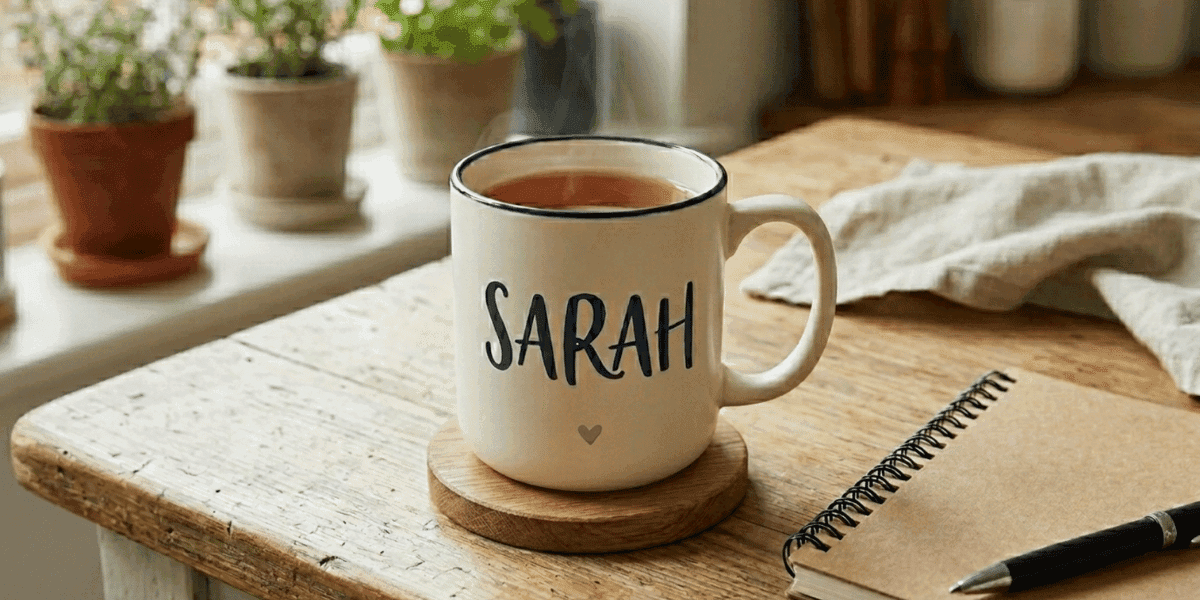 Personalized name mug beside a notebook and pen