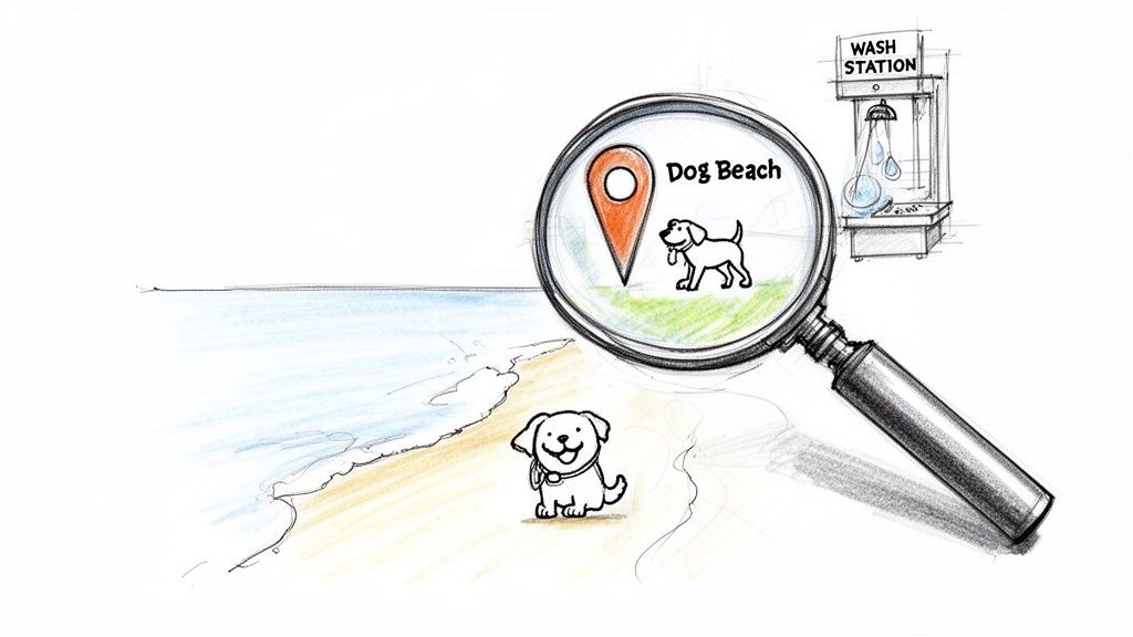 Hand-drawn illustration showing a happy dog on a beach, a 'Dog Beach' sign, and a wash station.