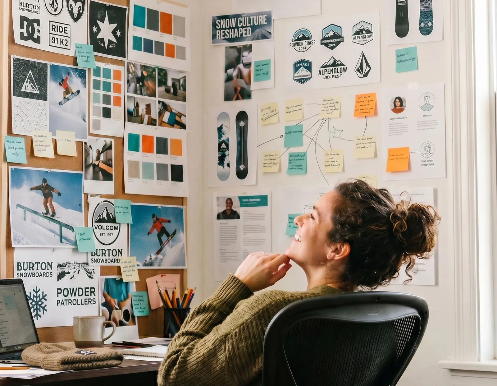 Designer reviewing a mood board wall during research