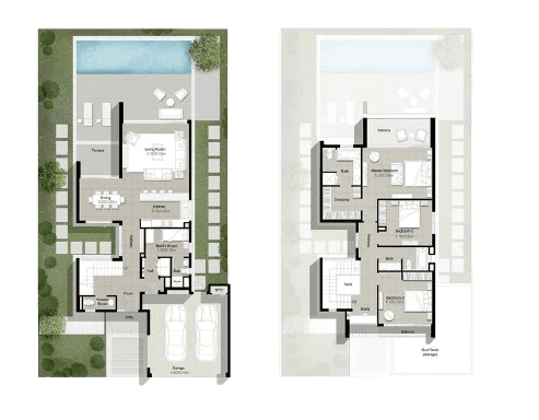 Floor plan of Sidra Villas in Dubai Hills, showcasing the layout of the Sira 3 model across three levels.