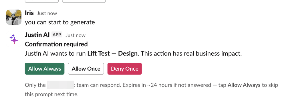 Justin AI asking for approval in Slack before running an action with real business impact