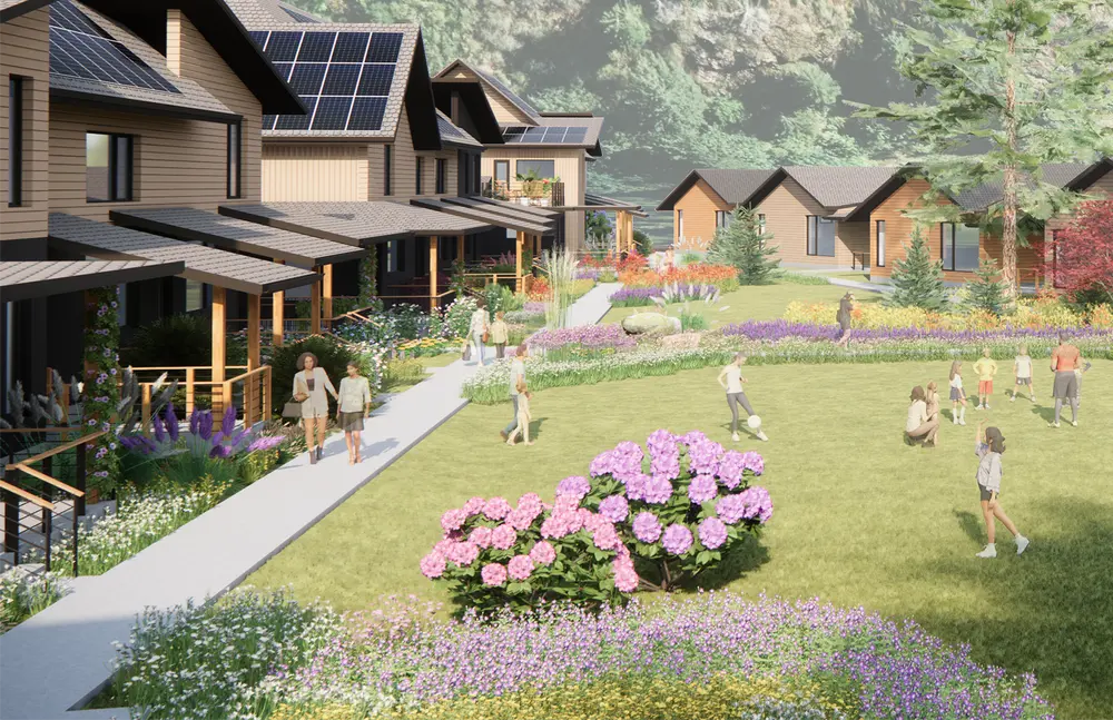 Architectural rendering of clustered homes and shared green space.