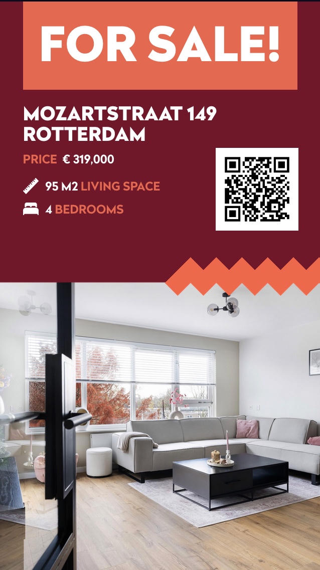 Real estate digital signage displaying a “For Sale” property listing with price, details, QR code, and interior photo.