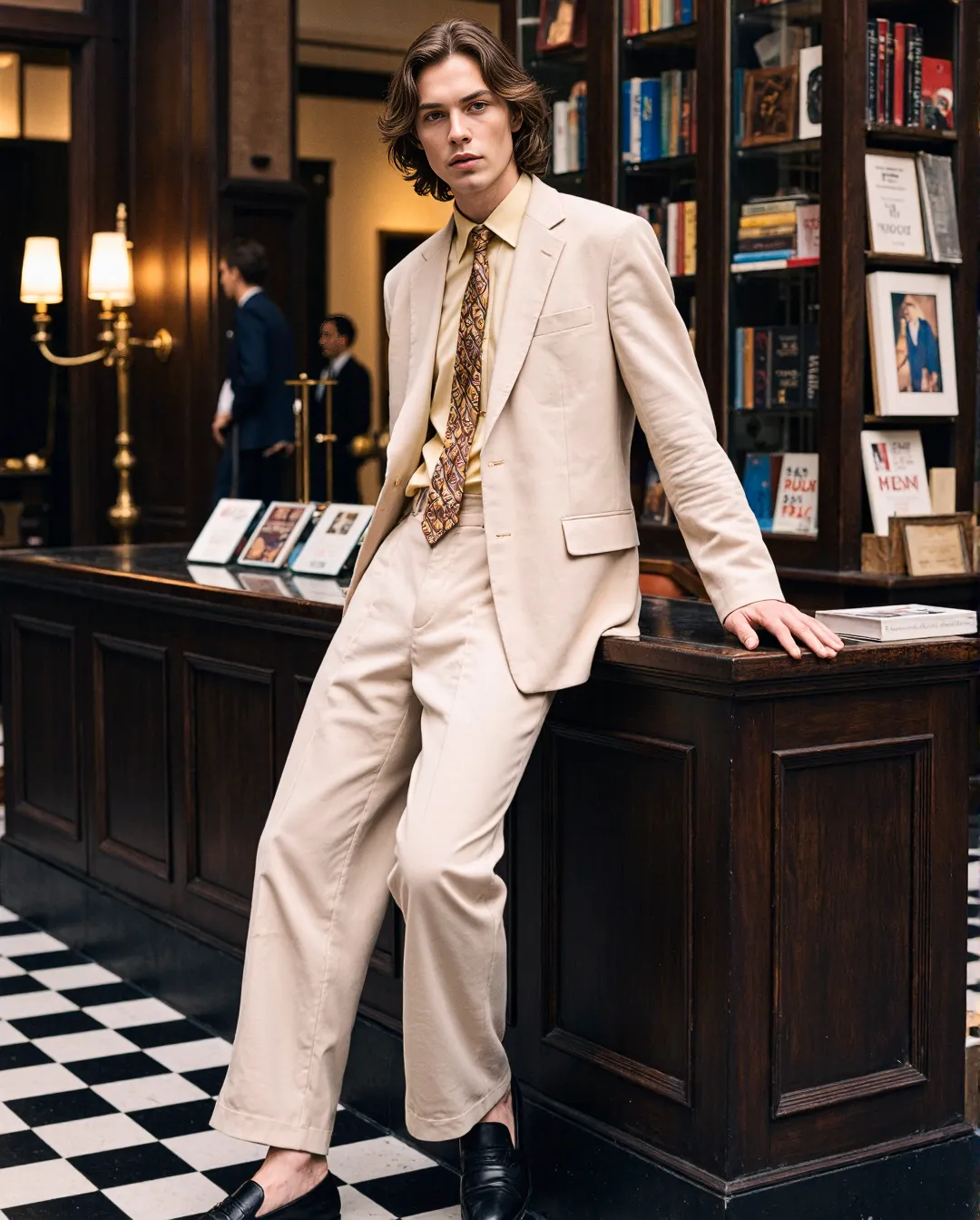 Elegant cream suit styled in a sophisticated library setting with classic checkerboard floor and wooden bookshelves creating a refined ambiance