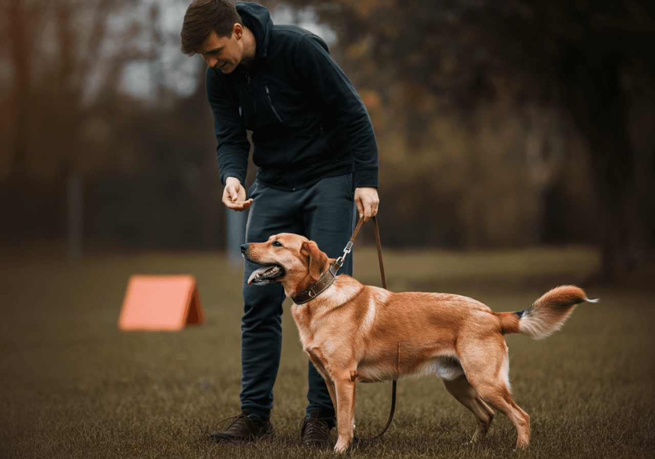 A happy, relaxed dog being trained by the owner, who has food in their hand.