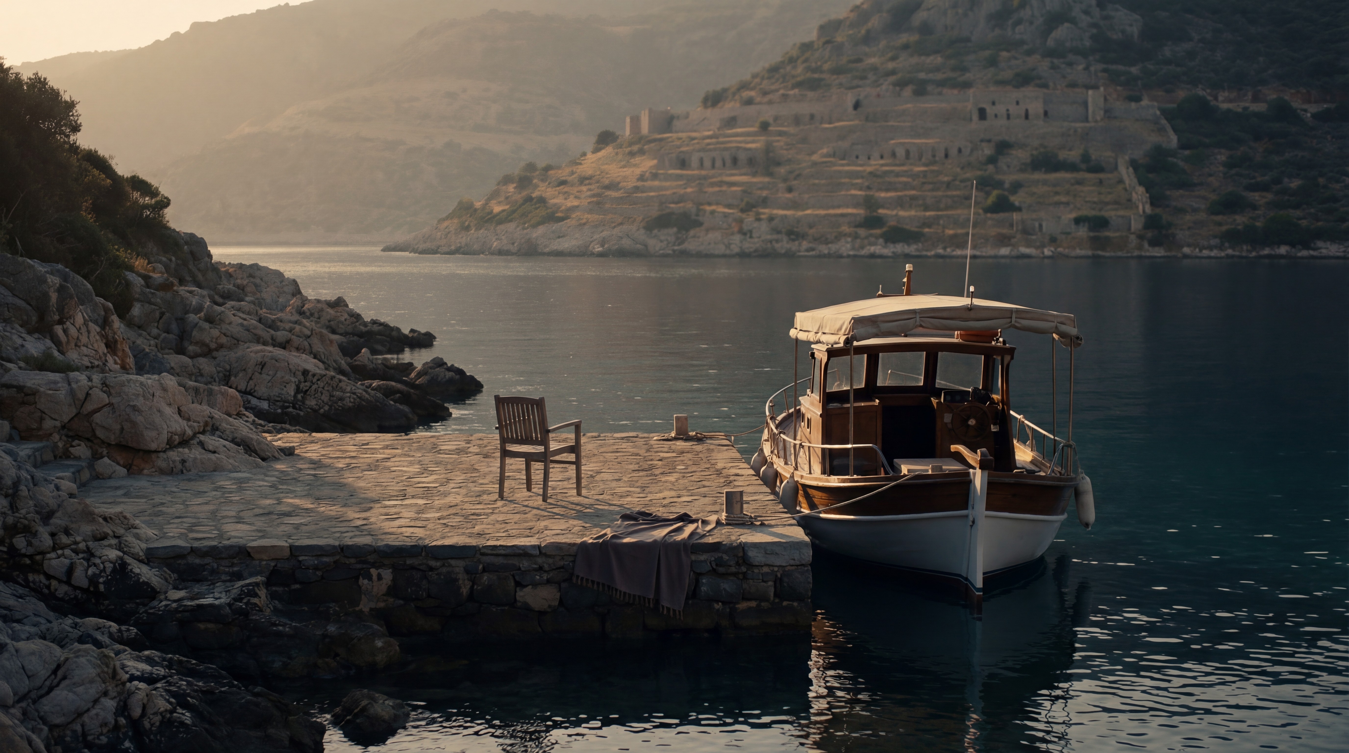 Private boat dock in Bodrum Turkey with traditional wooden boat and secluded waterfront setting