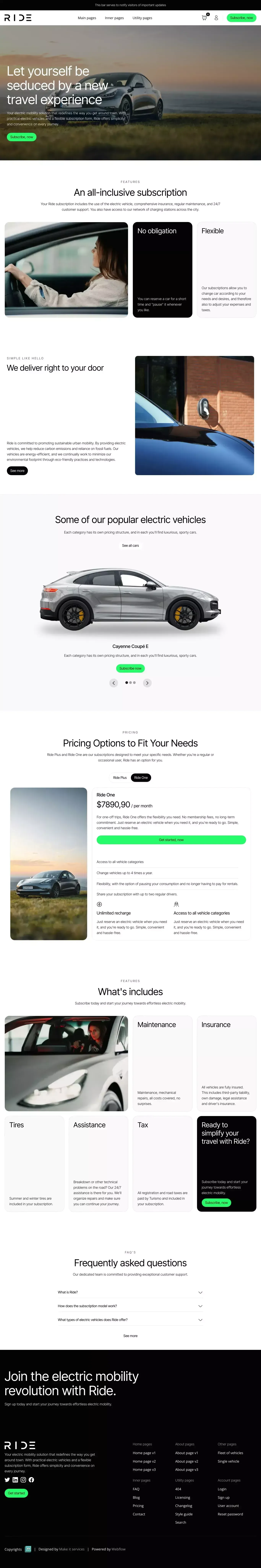 Ride - Webflow HTML ecommerce template landing page screenshot showcasing Tech and Automotive design