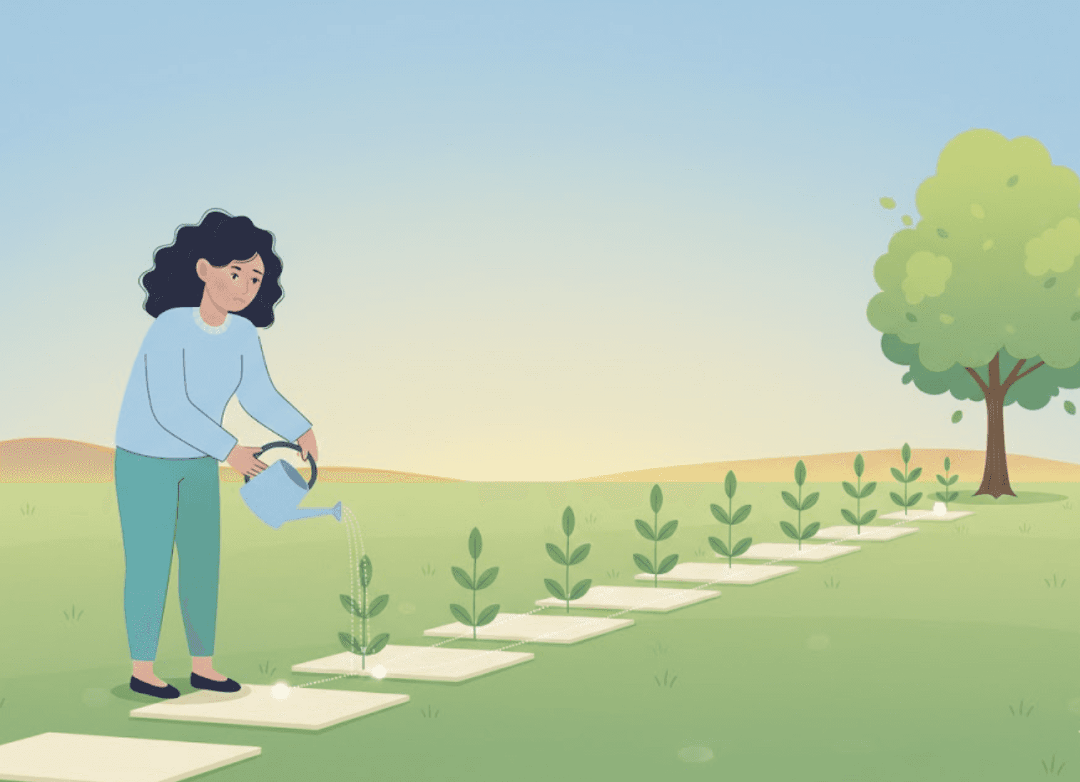 An editorial illustration of a woman watering a single sapling in a long, orderly row of plants that grow progressively larger, ending in a full-grown tree.