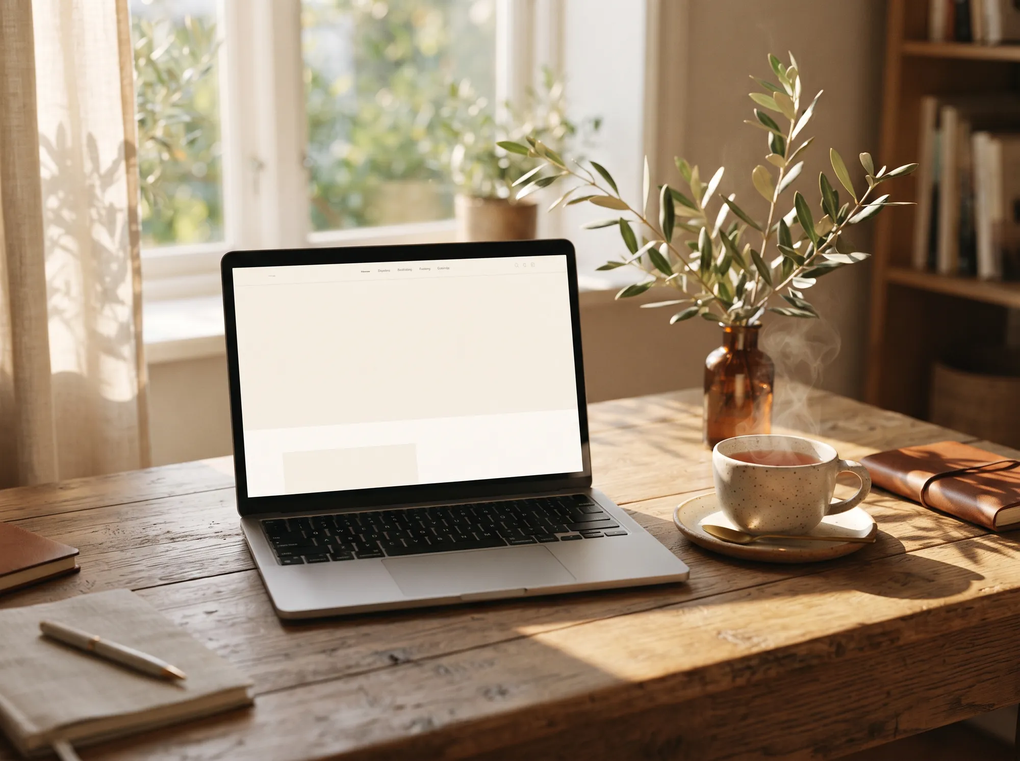 A quiet desk with a laptop showing a website layout