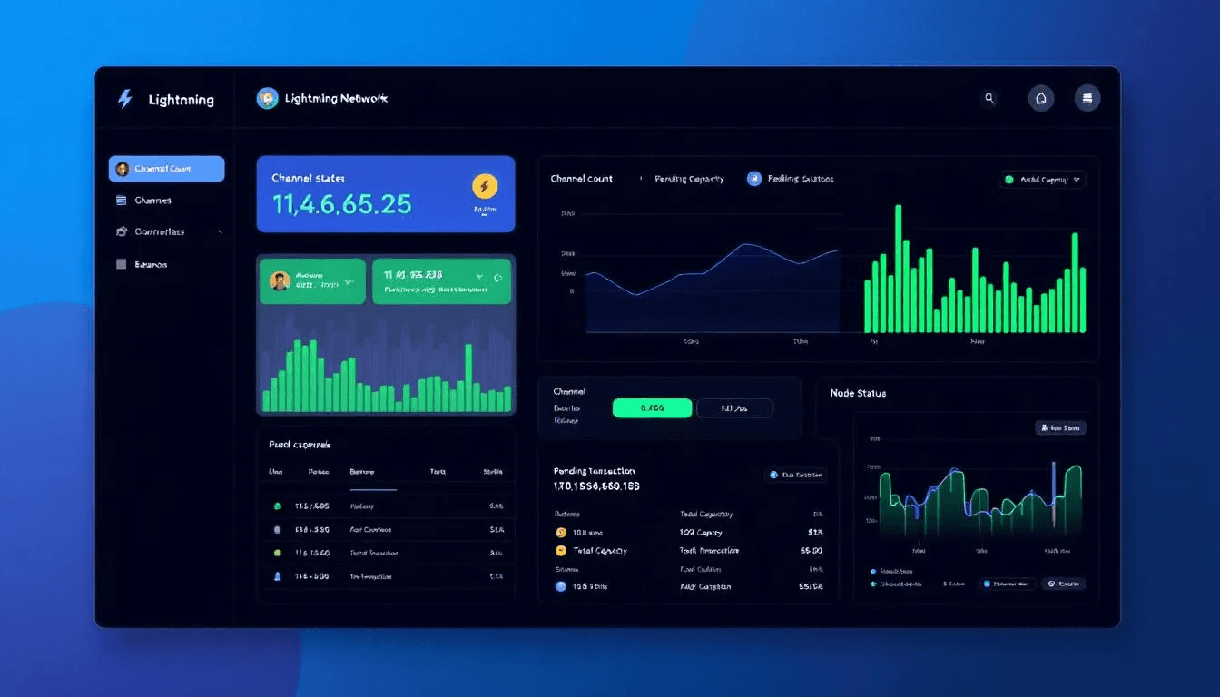 The image depicts a monitoring dashboard for a lightning network node, showcasing various channel states and balances. It highlights key metrics related to payment channels, enabling faster and cheaper transactions on the Bitcoin lightning network.