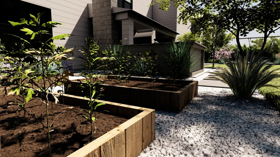 A modern garden adjacent to the house. The foreground features raised vegetable beds made of wood housing various plants. The garden beds are set within an area covered with white pebbles, creating a contrast with the brown soil inside the beds.