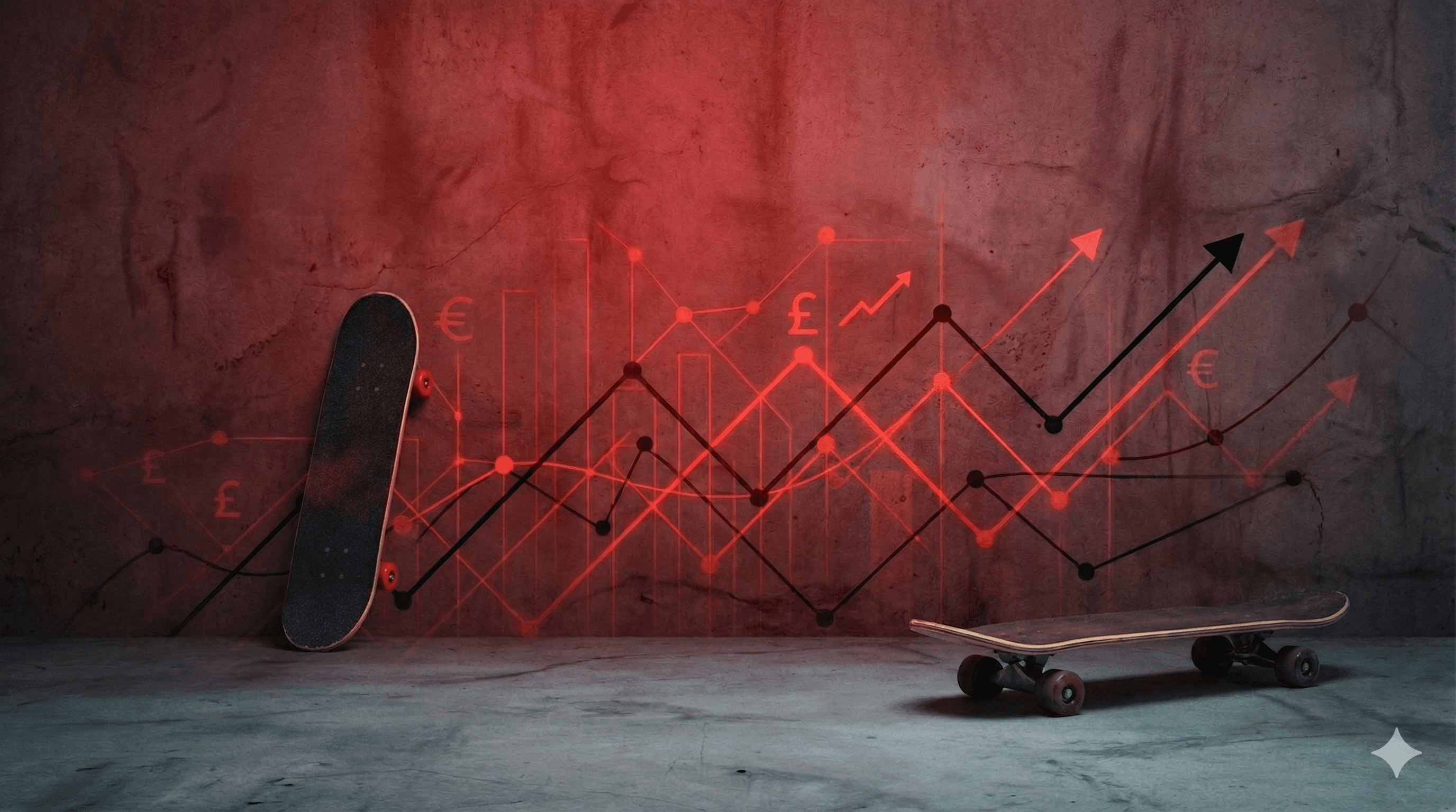 Skateboard against a textured wall with red financial graphs and currency symbols, blending urban style and finance themes.