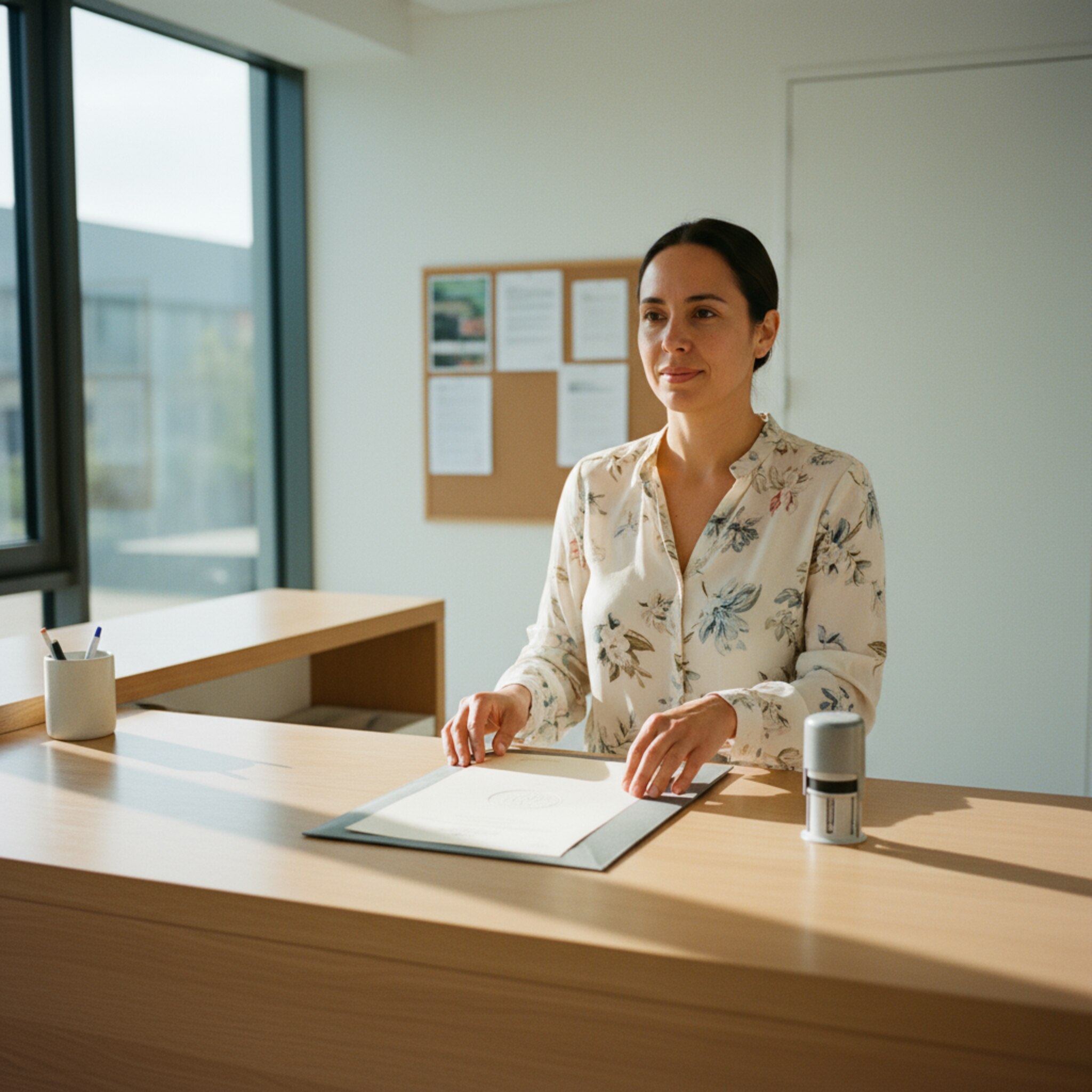 An einem aufgeräumten Tresen überreicht eine Mitarbeiterin eine sauber geprägte Urkunde in eine schlichte Dokumentenhülle. Ein dezentes Siegel prangt auf dem Papier, nebenan liegt ein neutraler Stempel. Warmes Licht zeichnet klare Kanten, die Atmosphäre ist sachlich und zugewandt. Ein kurzer, geregelter Moment.