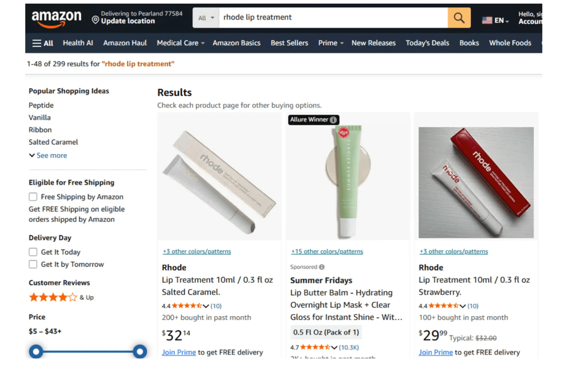 Amazon search results for Rhode lip treatment and Summer Fridays lip butter balm.