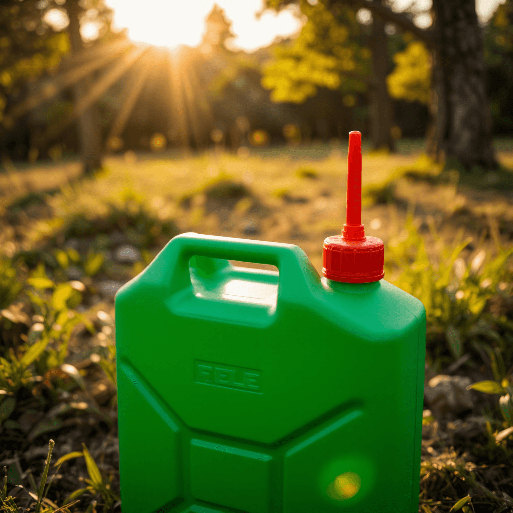product photography of a green plastic fuel canister with a red spout