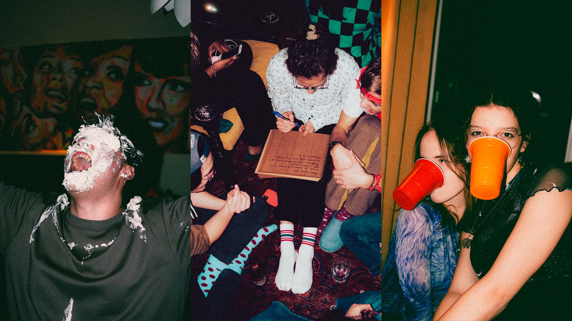 Three vertical images of young people at a party