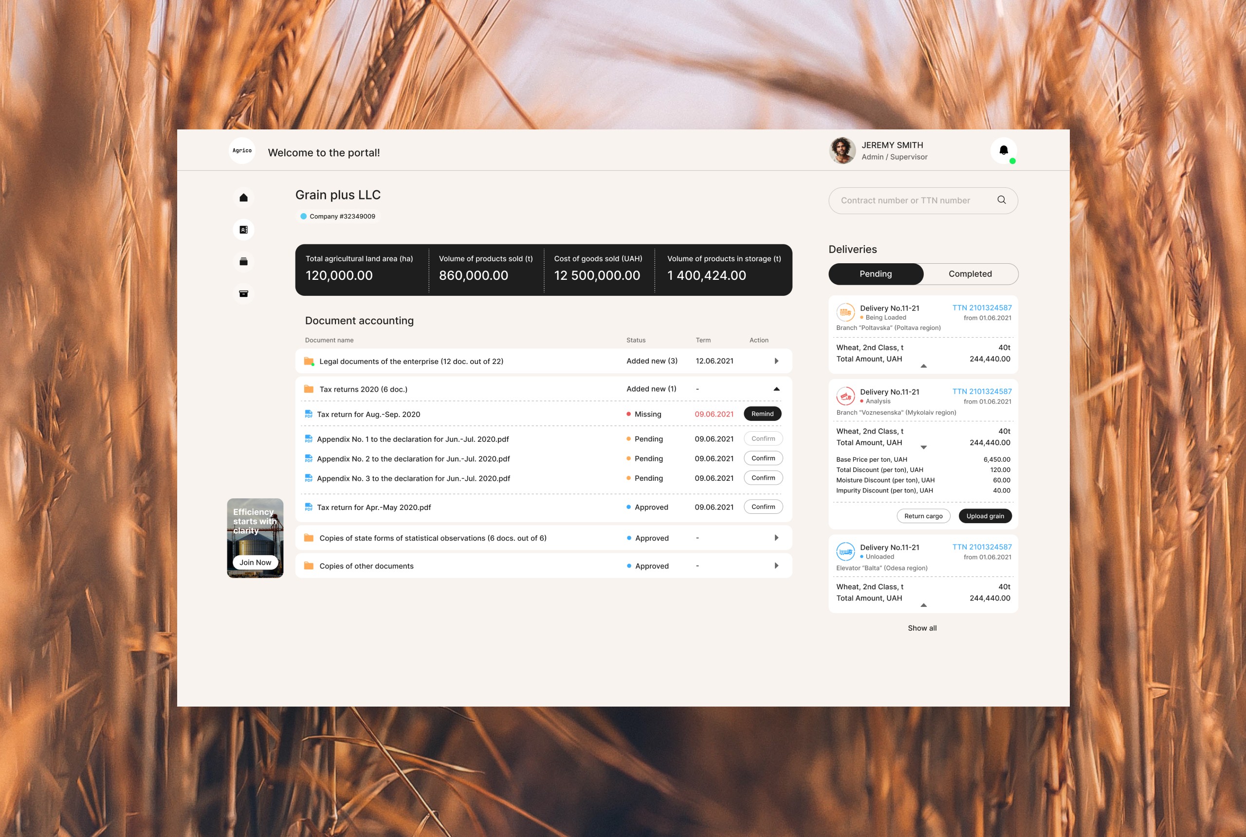 Admin/Supervisor dashboard showing deliveries, documents, and agricultural analytics.