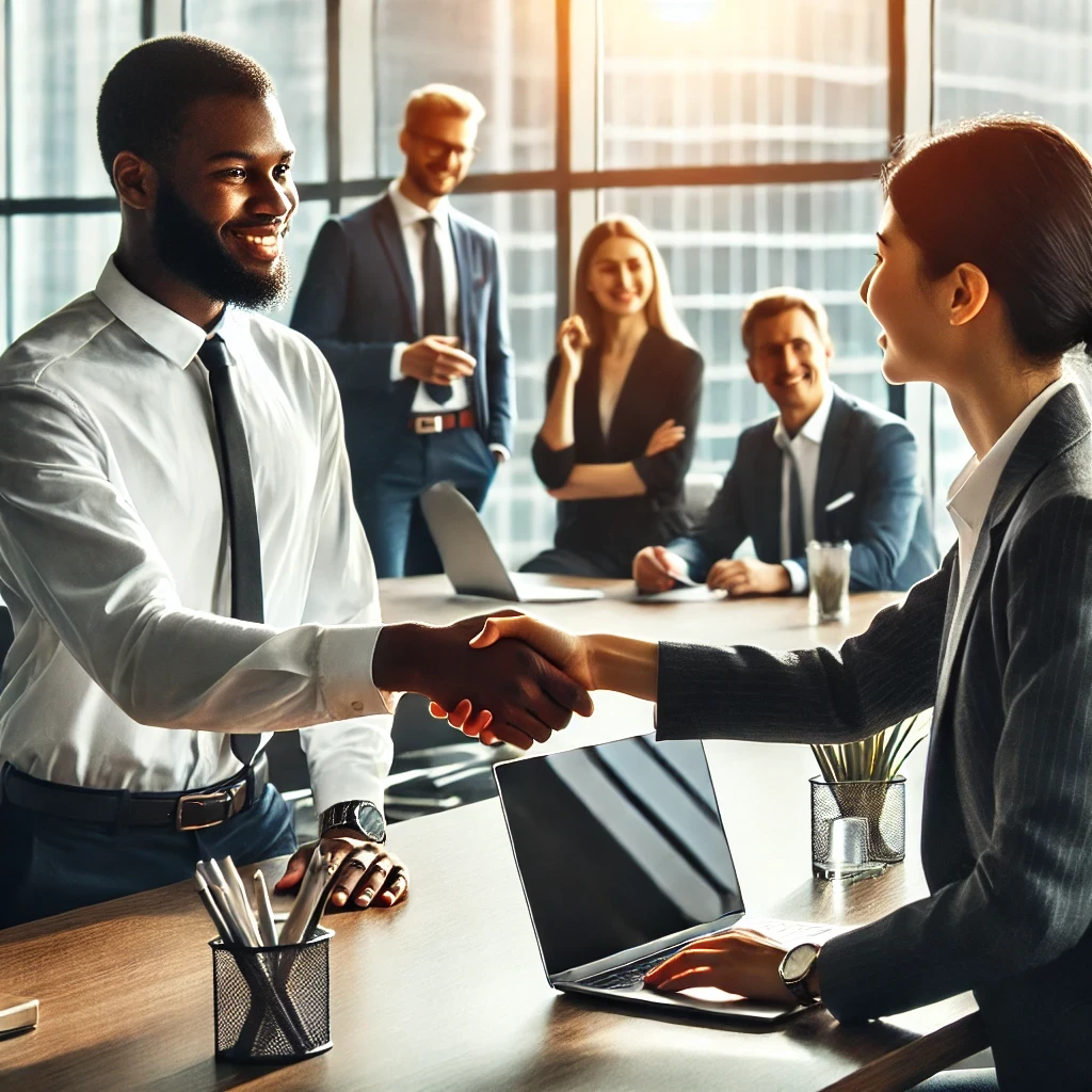 Employer and new employee shaking hands in a bright corporate office, symbolizing successful work visa sponsorship.