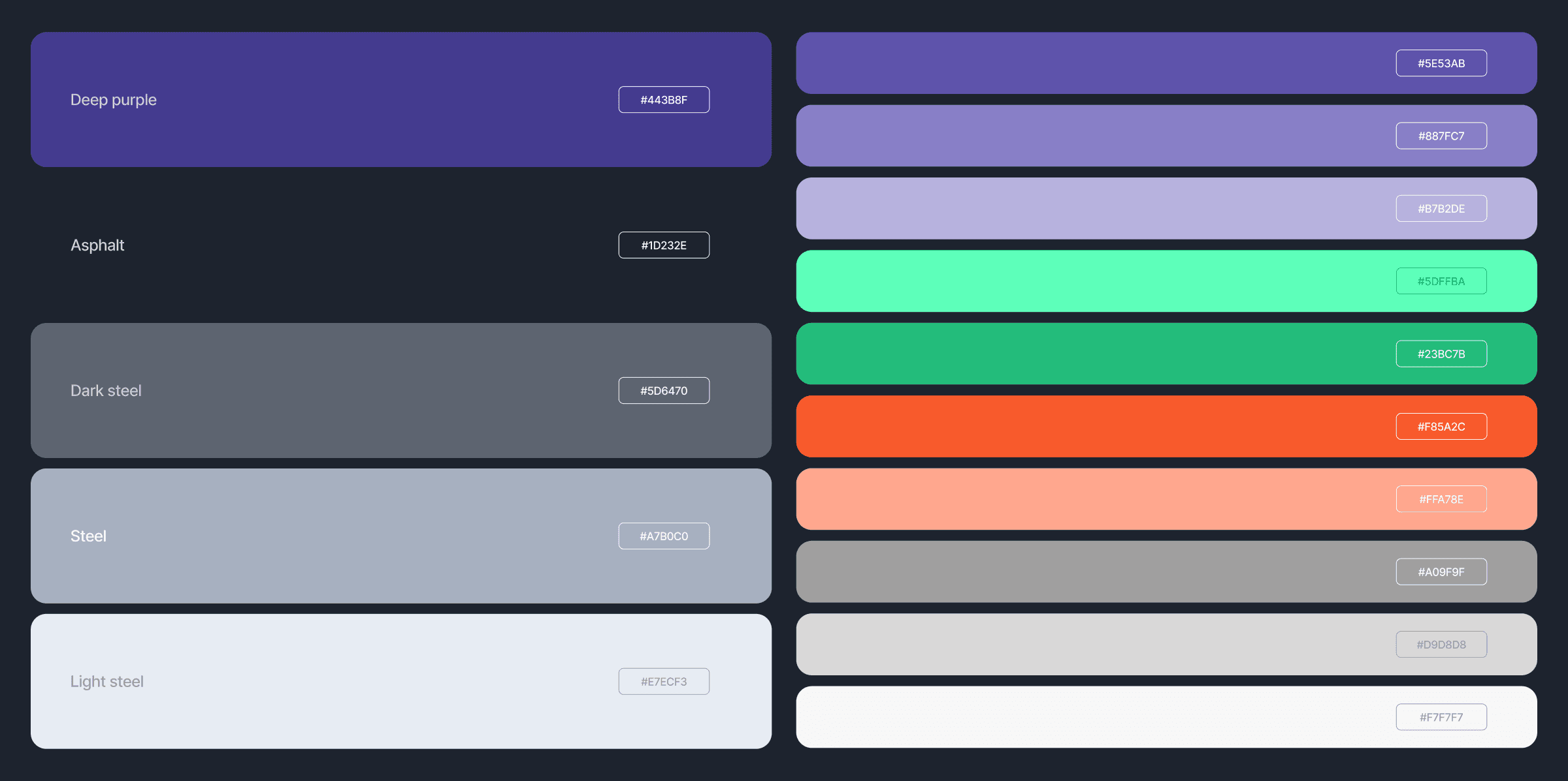 DamageCheck colour palette documentation on a dark background showing named swatches for deep purple, asphalt, dark steel, steel, and light steel on the left, alongside purple tints, two greens, two oranges, two greys, and white on the right, each labelled with a hex code.